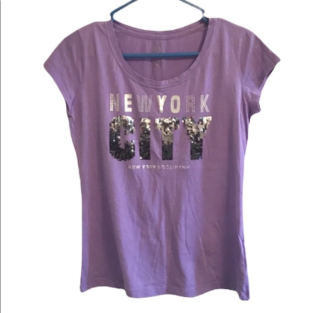 New York & Co Purple Sequin Ombré NYC Graphic Top Small Sparkle Shirt